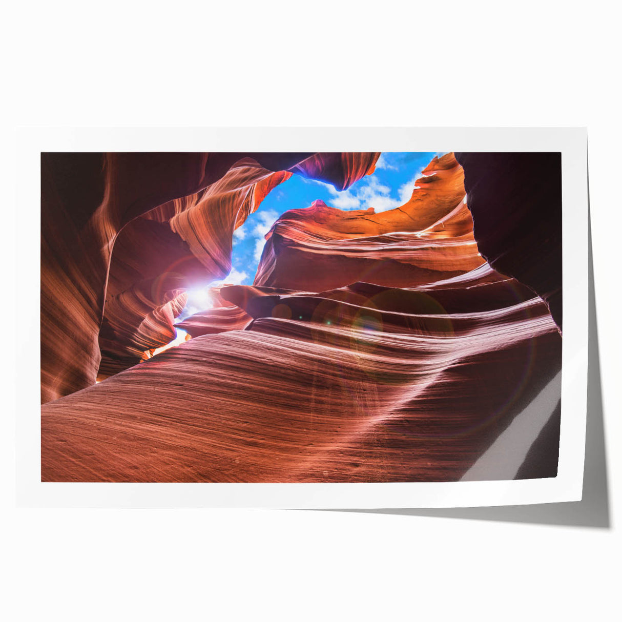 Antelope Canyon photography in warm earth tones on a rolled print, suitable for art wall dining room.