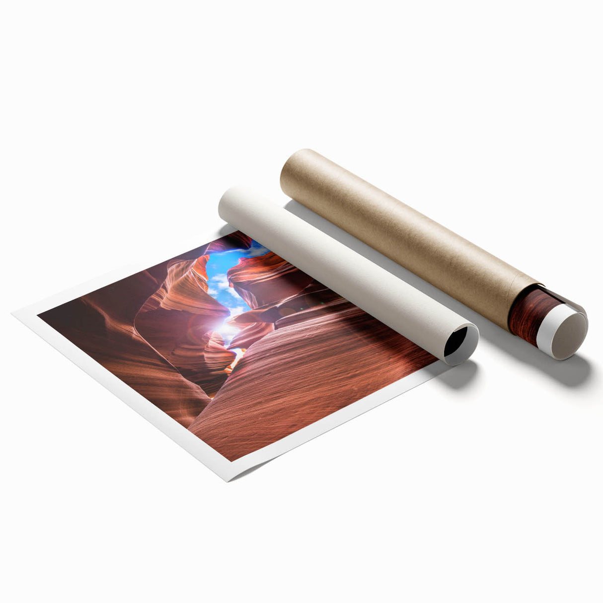 Abstract depiction of Antelope Canyon in warm orange and brown tones on a large rolled canvas print.