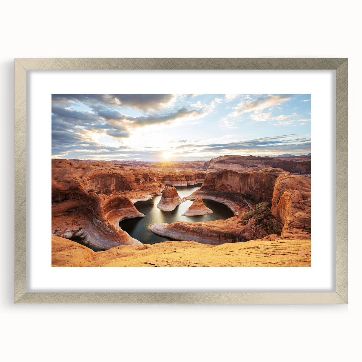 Textured art print of Glen Canyon in Arizona, featuring abstract earthy tones on a framed silver mat, ideal for bedroom art.