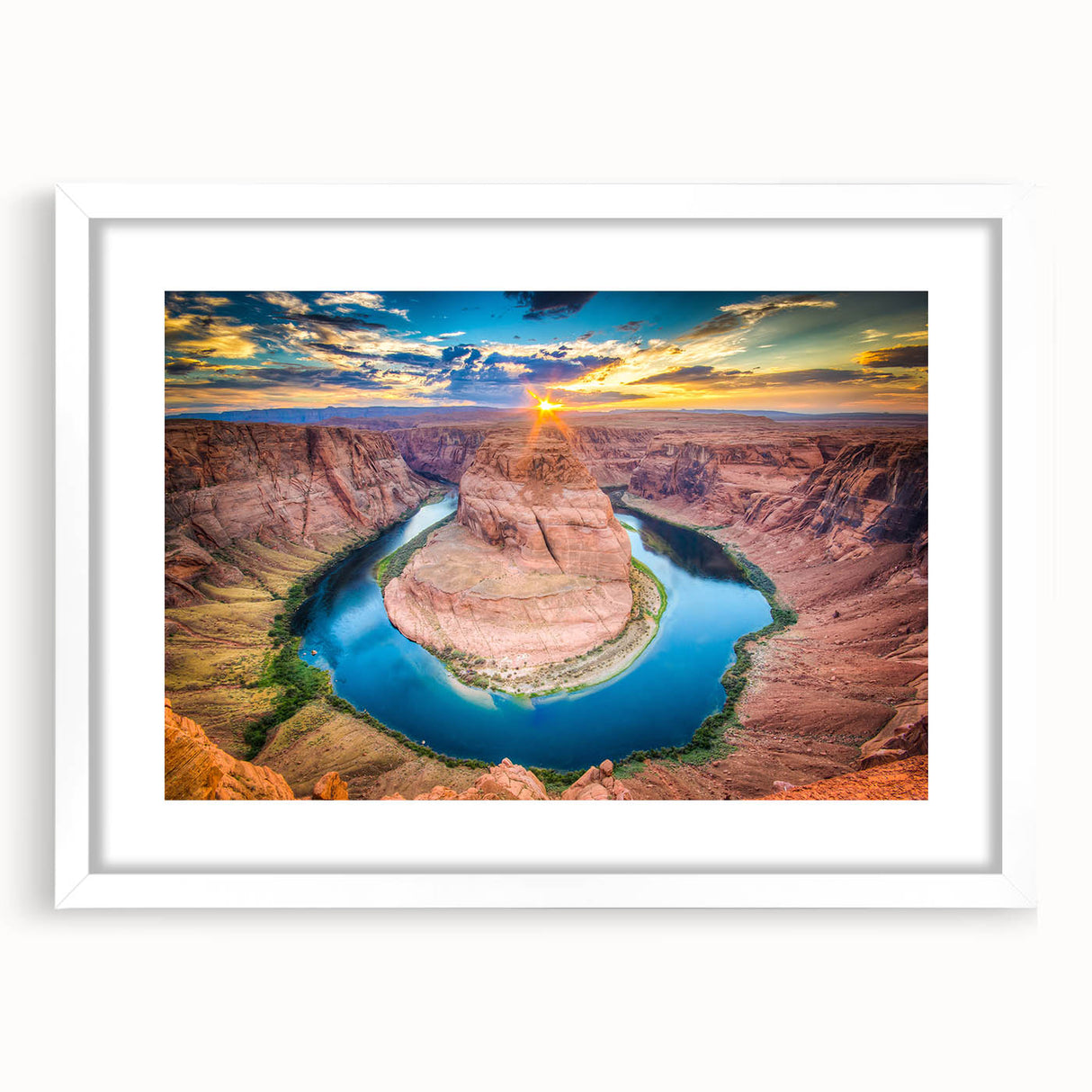 Abstract art print of the Grand Canyon in muted earth tones on a white framed canvas, suitable for dining room decor.