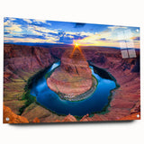 Acrylic print of Horseshoe Bend, Arizona, with vivid blue and terracotta hues, suitable for bedroom or dining room decor.