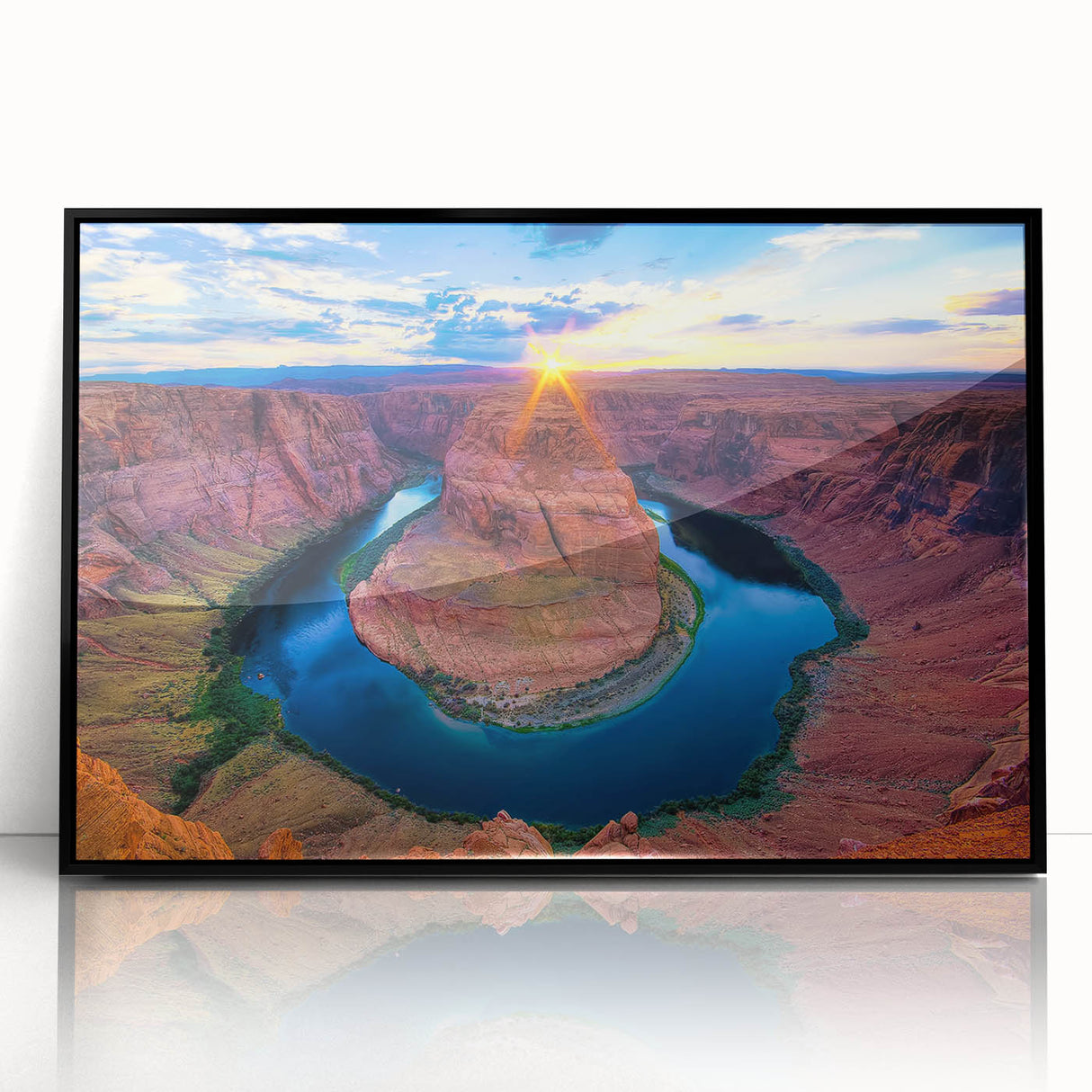 Large abstract wall art of Horseshoe Bend in Arizona, featuring muted earth tones on a framed acrylic print.