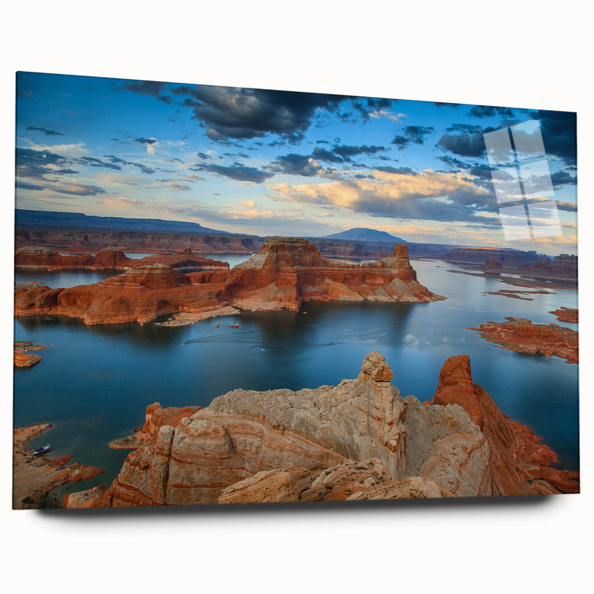 Acrylic print of Lake Powell, Arizona in vibrant blue and earth tones, suitable for bedroom or dining room decor.