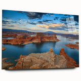 Acrylic print of Lake Powell, Arizona in vibrant blue and earth tones, suitable for bedroom or dining room decor.