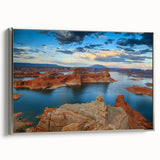 Framed canvas of Lake Powell in Arizona, featuring a colorful landscape with silver frame, ideal for office decor.