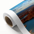Art deco style poster of Lake Powell with muted blue and tan colors on rolled canvas, ideal for nursery wall art.