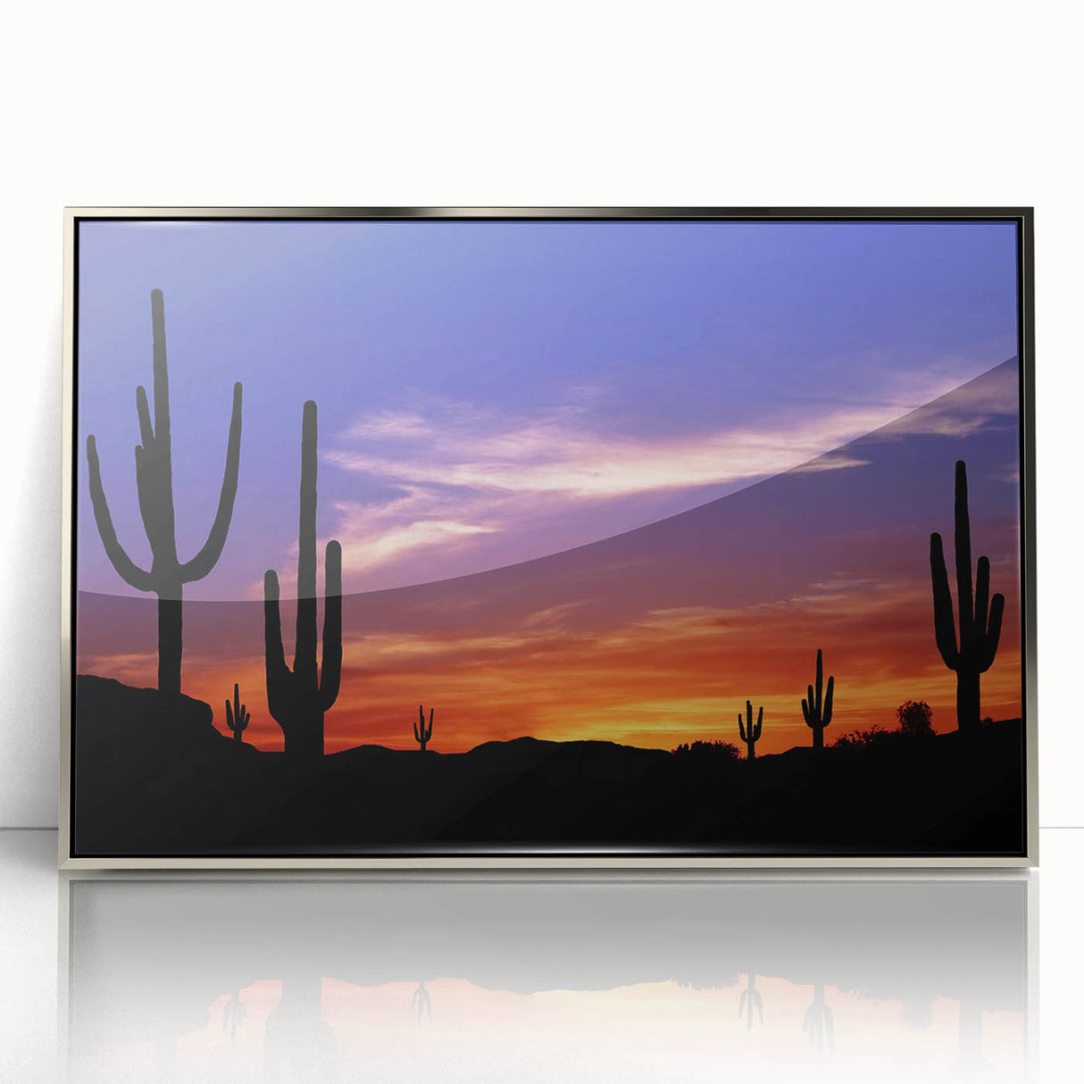 Mid-century modernist art depicting the Sonoran desert in Arizona, framed in silver acrylic, suitable for nursery wall art.