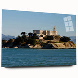 Acrylic print of Alcatraz Island in muted blue and gray tones, suitable for bedroom or dining room art.