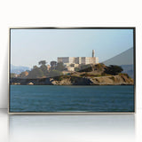 Mid-century modernist art depicting Alcatraz Island in muted blue tones on a framed acrylic print.