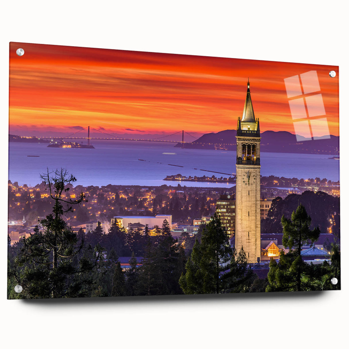 Acrylic print of a large abstract depiction of Berkeley, California in cool blue and green tones.