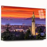 Acrylic print of a large abstract depiction of Berkeley, California in cool blue and green tones.