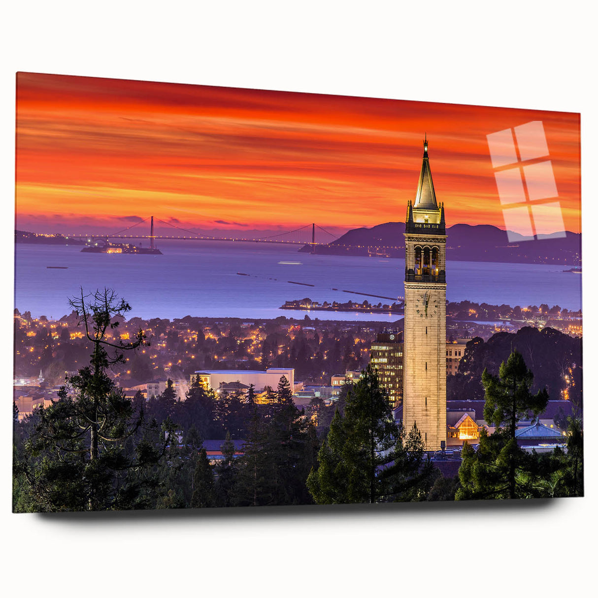 Large abstract wall art of Berkeley, California skyline in muted gray tones on acrylic glass.