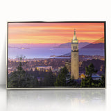 Mid-century modernist art of Berkeley, California, in silver framed acrylic, featuring muted earth tones.