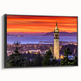 Black and white framed canvas of Berkeley landscape in vintage poster style, ideal for bedroom wall art.