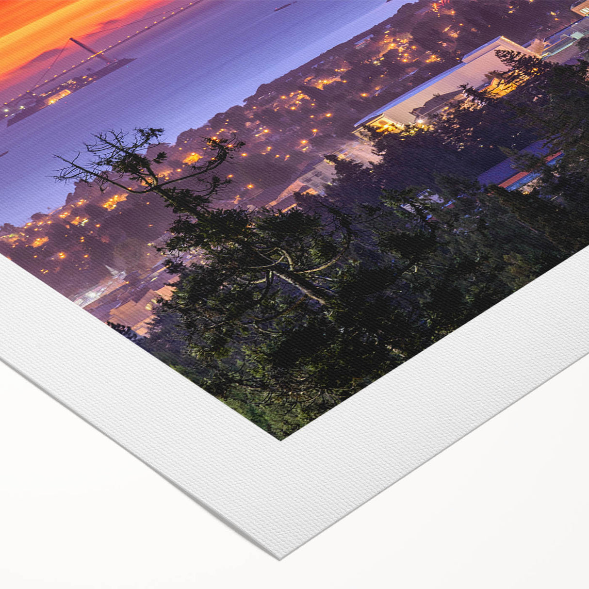 Art deco poster of Berkeley, California, with muted green and beige tones on rolled canvas.
