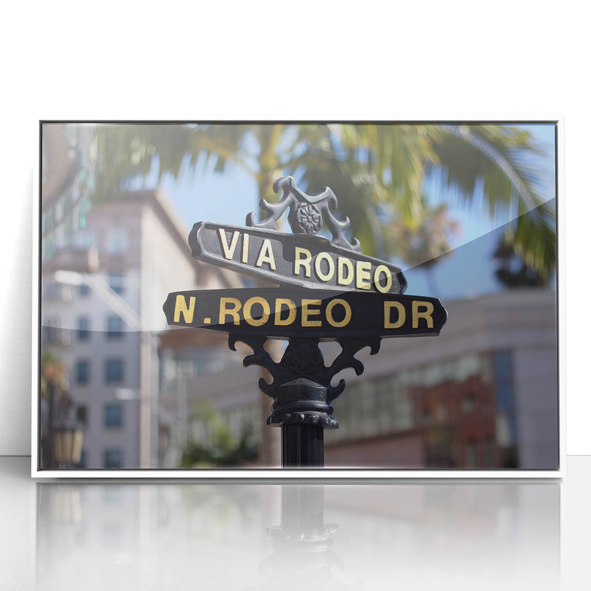 Art deco-style Beverly Hills scenery in muted pastels on framed acrylic, ideal for modern nursery wall art.