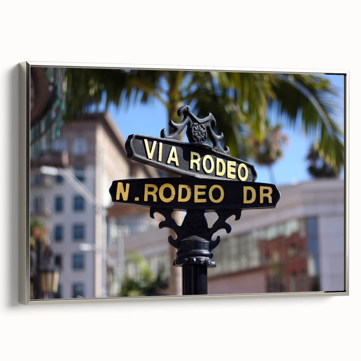 Framed canvas landscape art painting of Beverly Hills with colorful vintage poster art style, suitable for living room decor.
