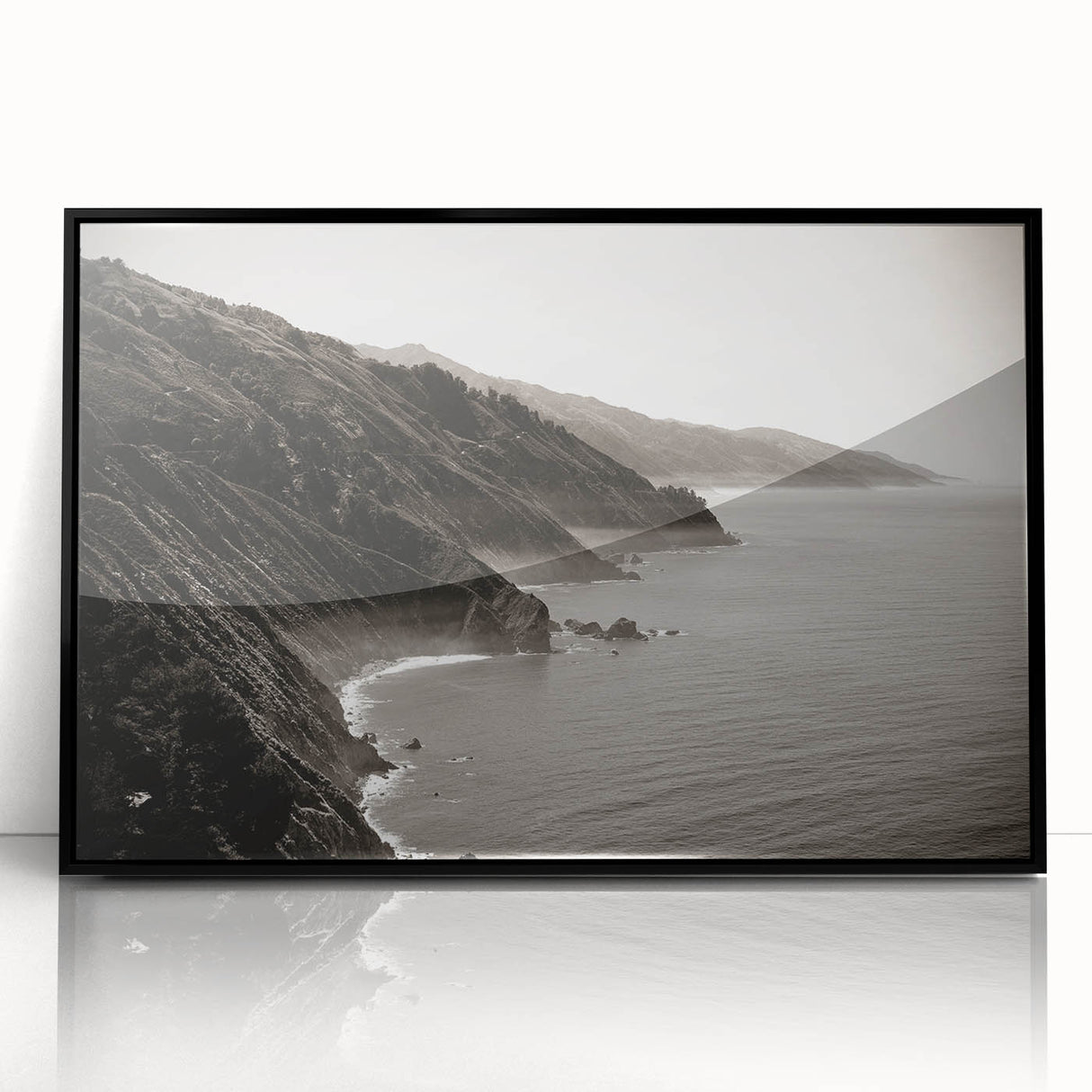 Large abstract wall art depicting the Big Sur coastline in muted earth tones on a framed acrylic.