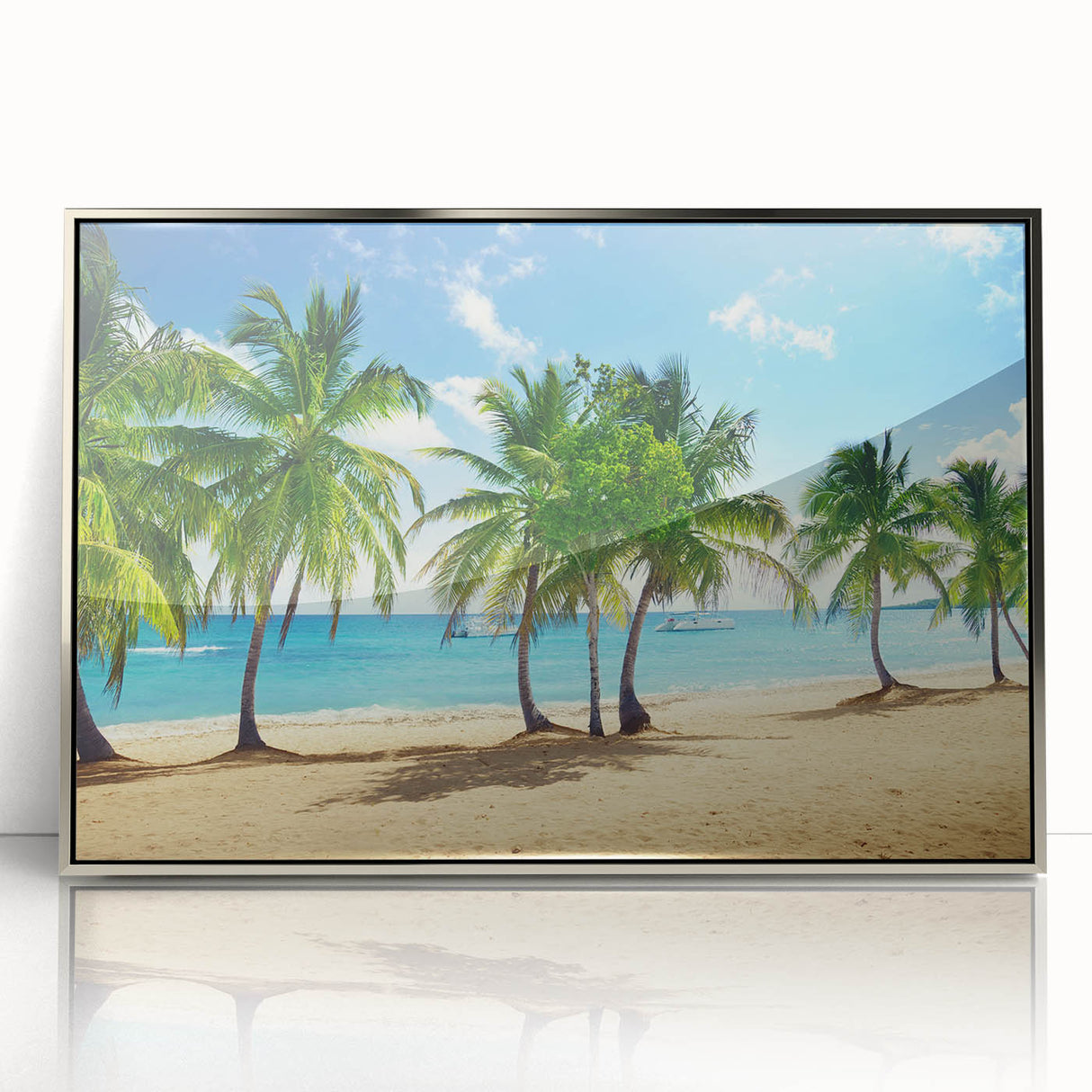 Mid-century modernist art of Catalina, California in a silver-framed acrylic print, featuring cool blue and green hues.
