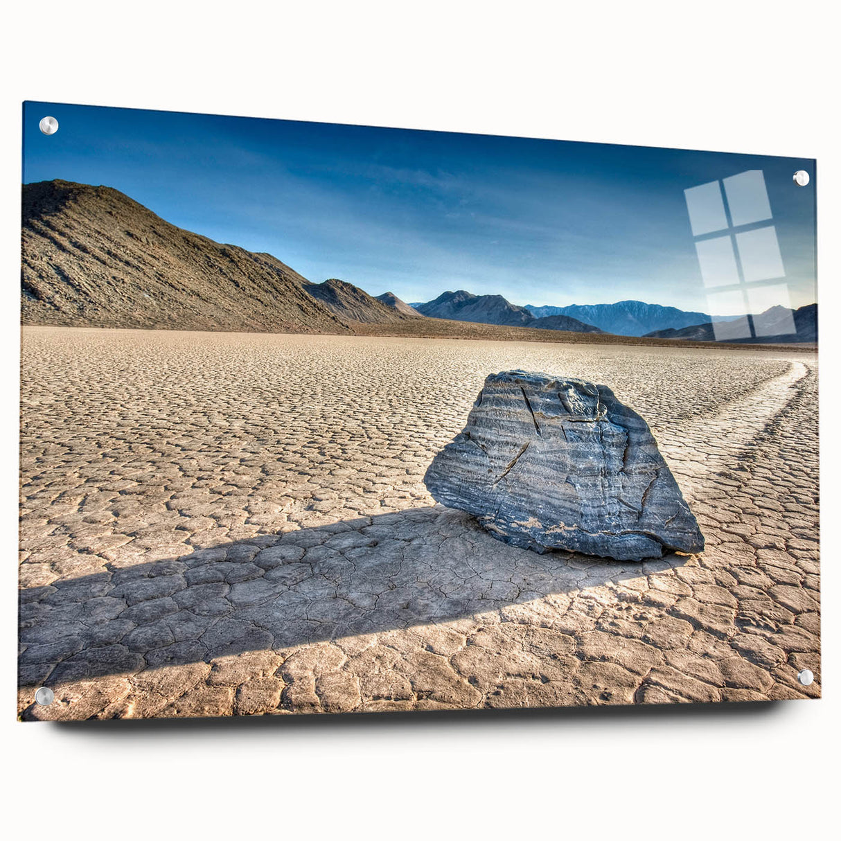 Acrylic print of Death Valley landscape with warm desert hues, ideal for bedroom or dining room decor.