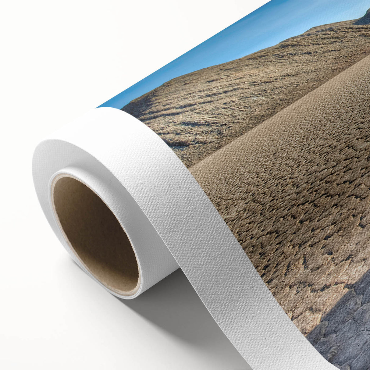 Art deco poster of Death Valley landscape on rolled canvas, featuring muted earth tones, ideal for dining room wall art.