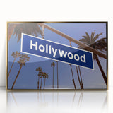 Large art print featuring the Hollywood, California skyline in gold tones on a framed acrylic.