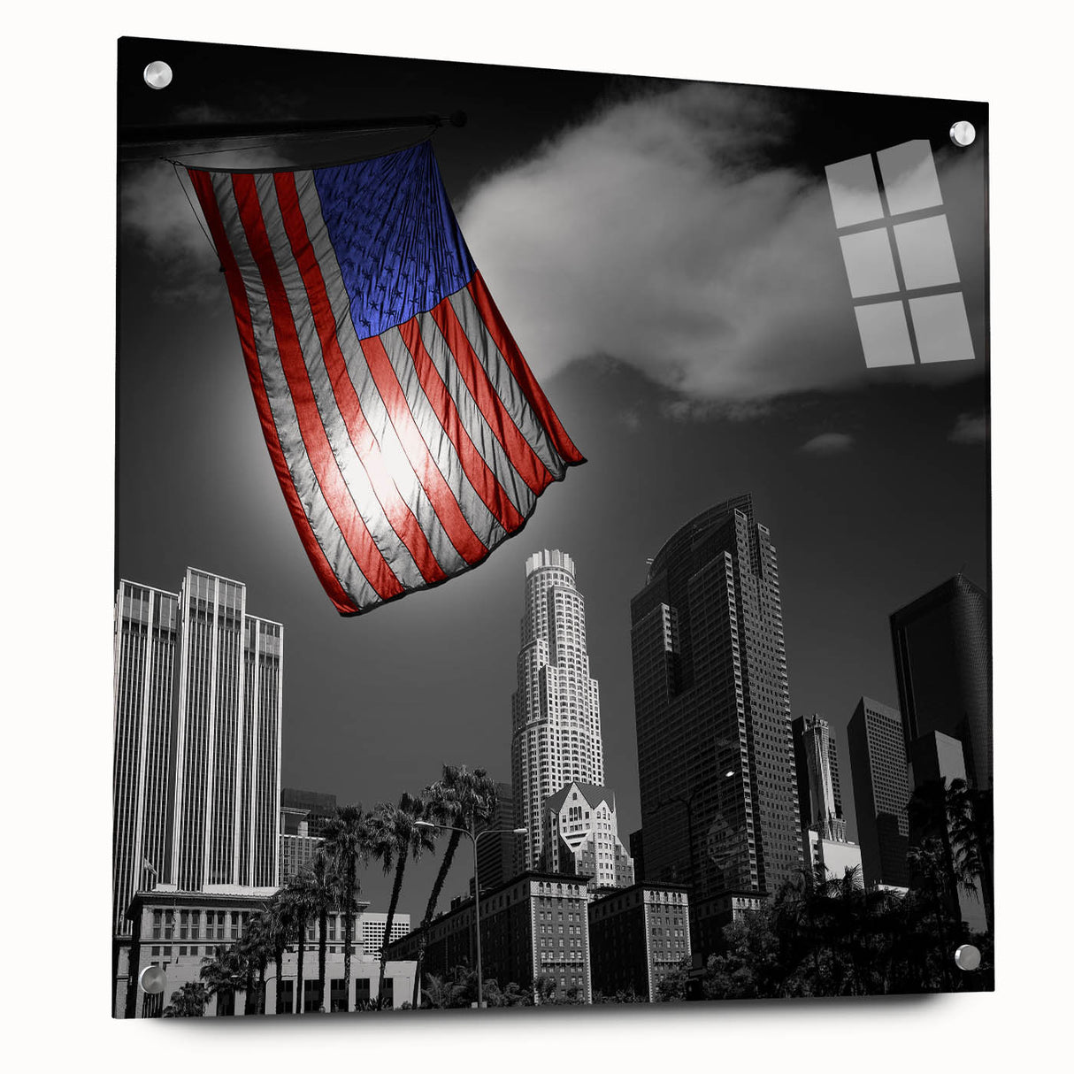Acrylic print of Los Angeles skyline in muted gray and blue tones, ideal for modern bedroom ambiance.