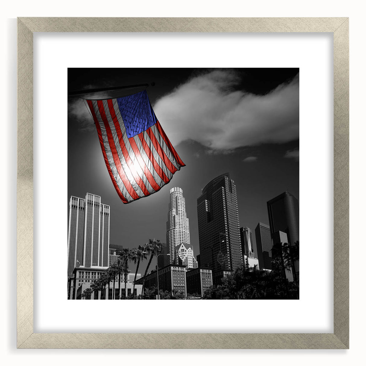 Textured abstract art print of Los Angeles skyline in muted silver and gray tones on a framed canvas.