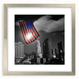 Textured abstract art print of Los Angeles skyline in muted silver and gray tones on a framed canvas.