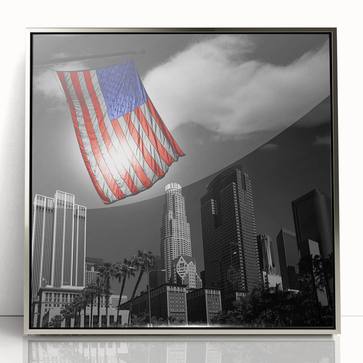 Mid-century modernist art depicting the Los Angeles skyline in muted silver tones on a framed acrylic print.