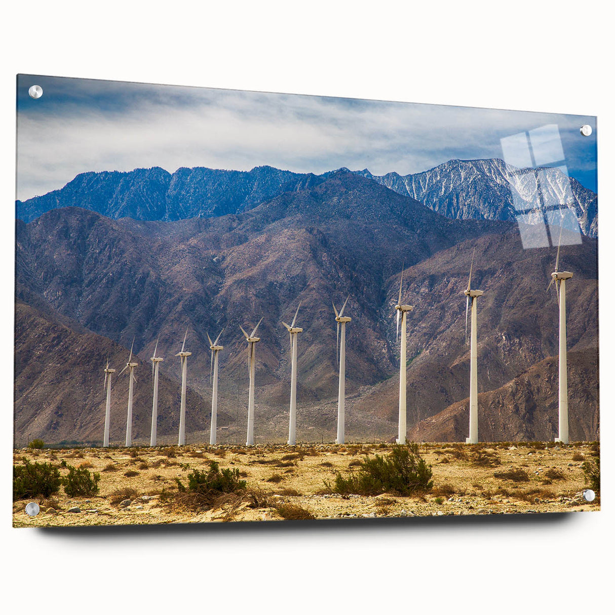 Acrylic print of a Palm Springs landscape, featuring palm trees and sunset hues, ideal for bedroom or dining room decor.