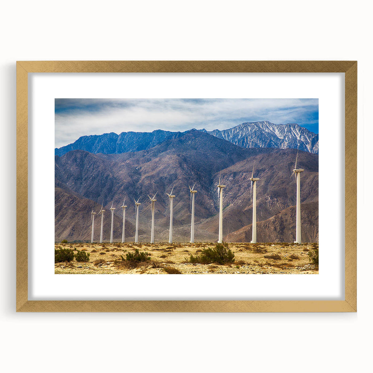 Extra large abstract art print of Palm Springs with textured design in gold frame, suitable for living room decor.