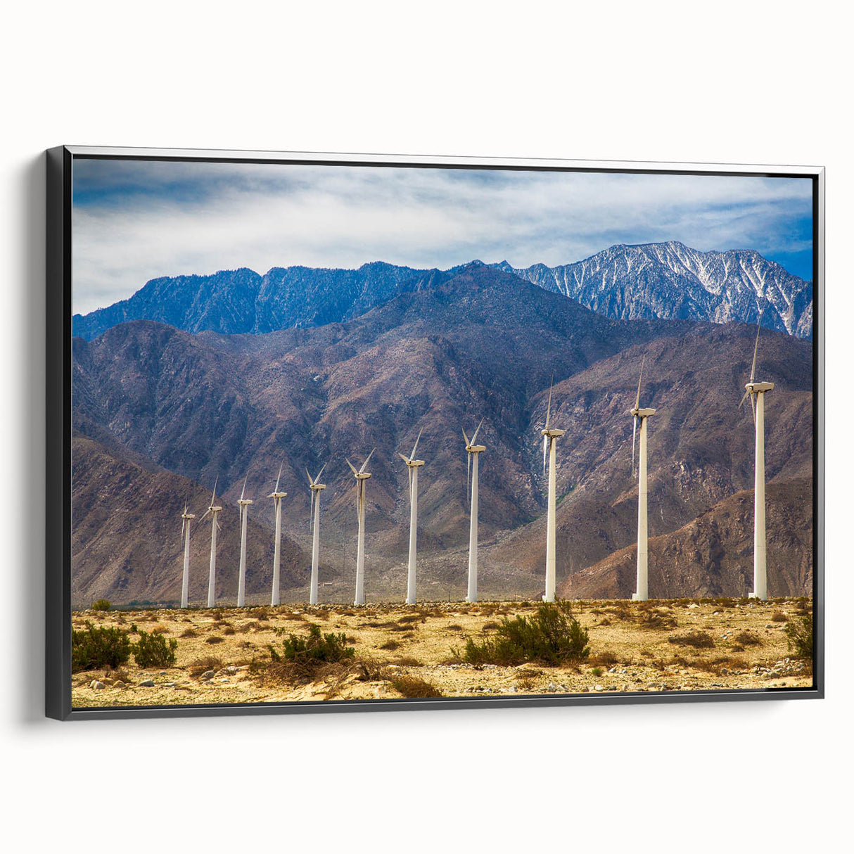 Black and white landscape art painting of Palm Springs on a framed canvas, ideal for bedroom decor.