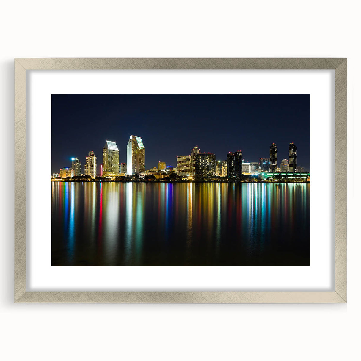 Textured abstract art print of San Diego scenery in muted earth tones, framed in silver, ideal for bedroom art.