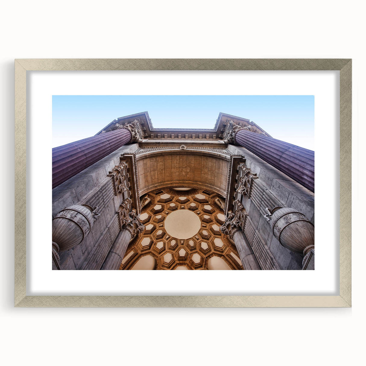Textured abstract art print of San Francisco skyline in muted gray tones on a silver-framed canvas, ideal for bedroom art.