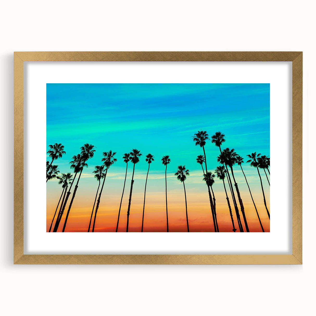 Extra large abstract art print of Santa Barbara scenery in muted earth tones, framed in gold, ideal for living room decor.