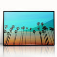 Large abstract wall art depicting Santa Barbara scenery in mid-century modern style, vibrant hues on black framed acrylic.
