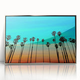 Mid-century modernist art of Santa Barbara landscape in muted earth tones on a silver-framed acrylic print.