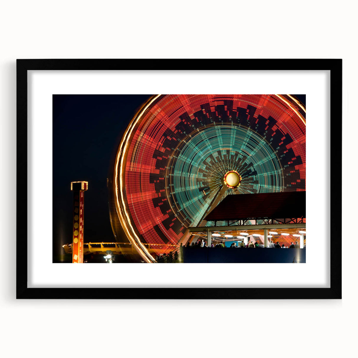 Abstract art print of colorful, textured scenery, in a black framed mat, ideal for extra large wall art in a living room.