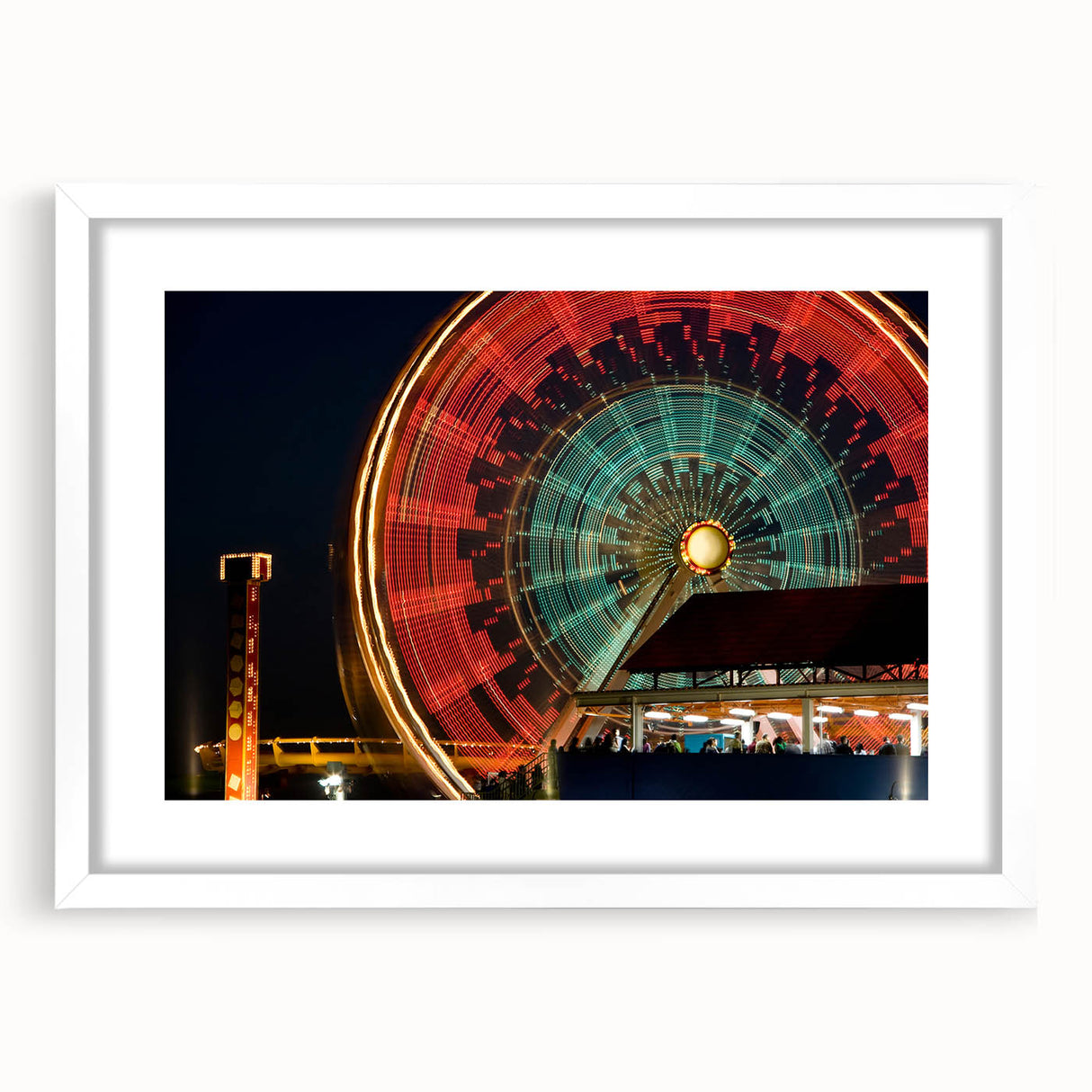 Abstract art print of Santa Monica scenery in muted blue and grey tones on a framed white mat.