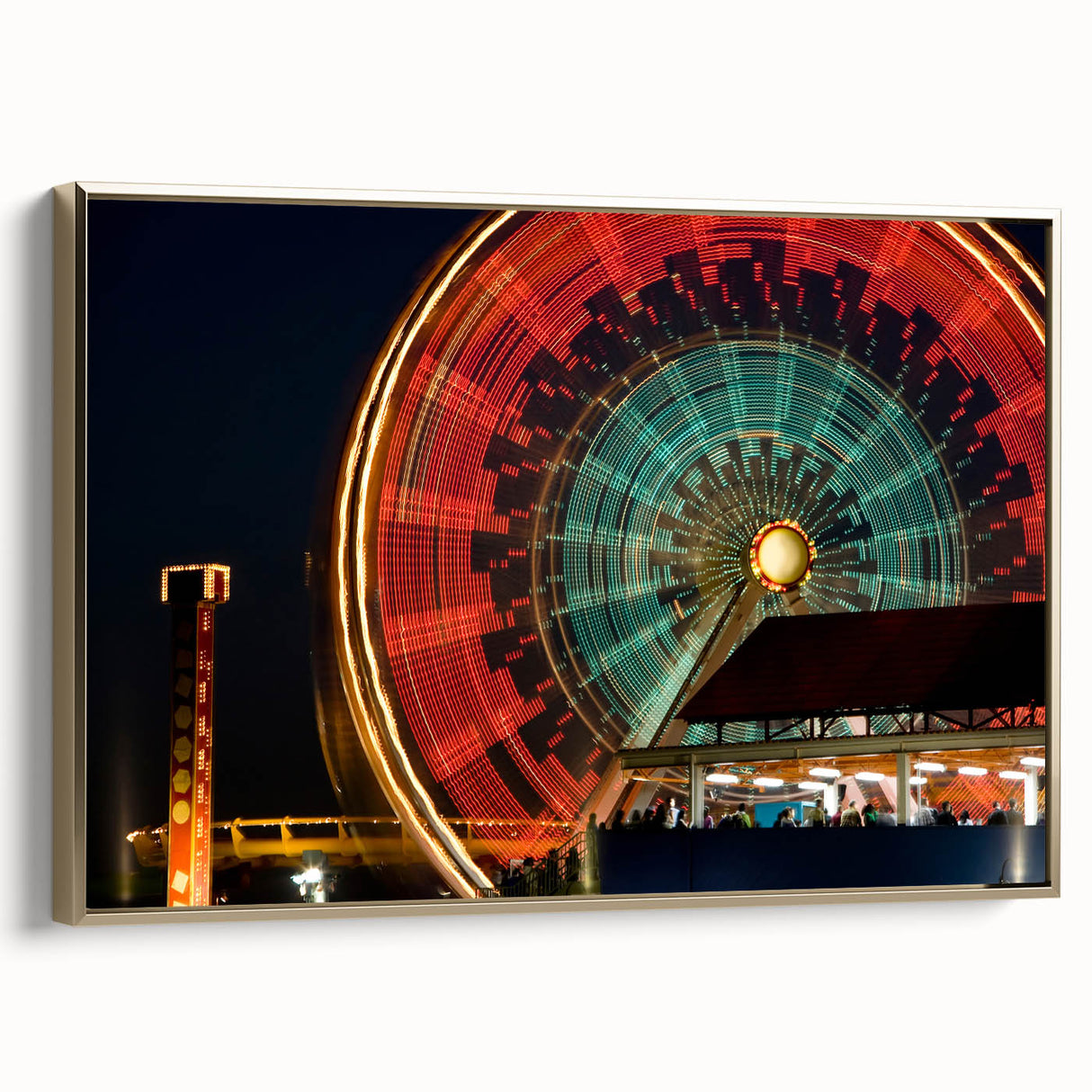 Framed canvas of a vintage Santa Monica landscape in muted gold and black, ideal for bedroom wall art.