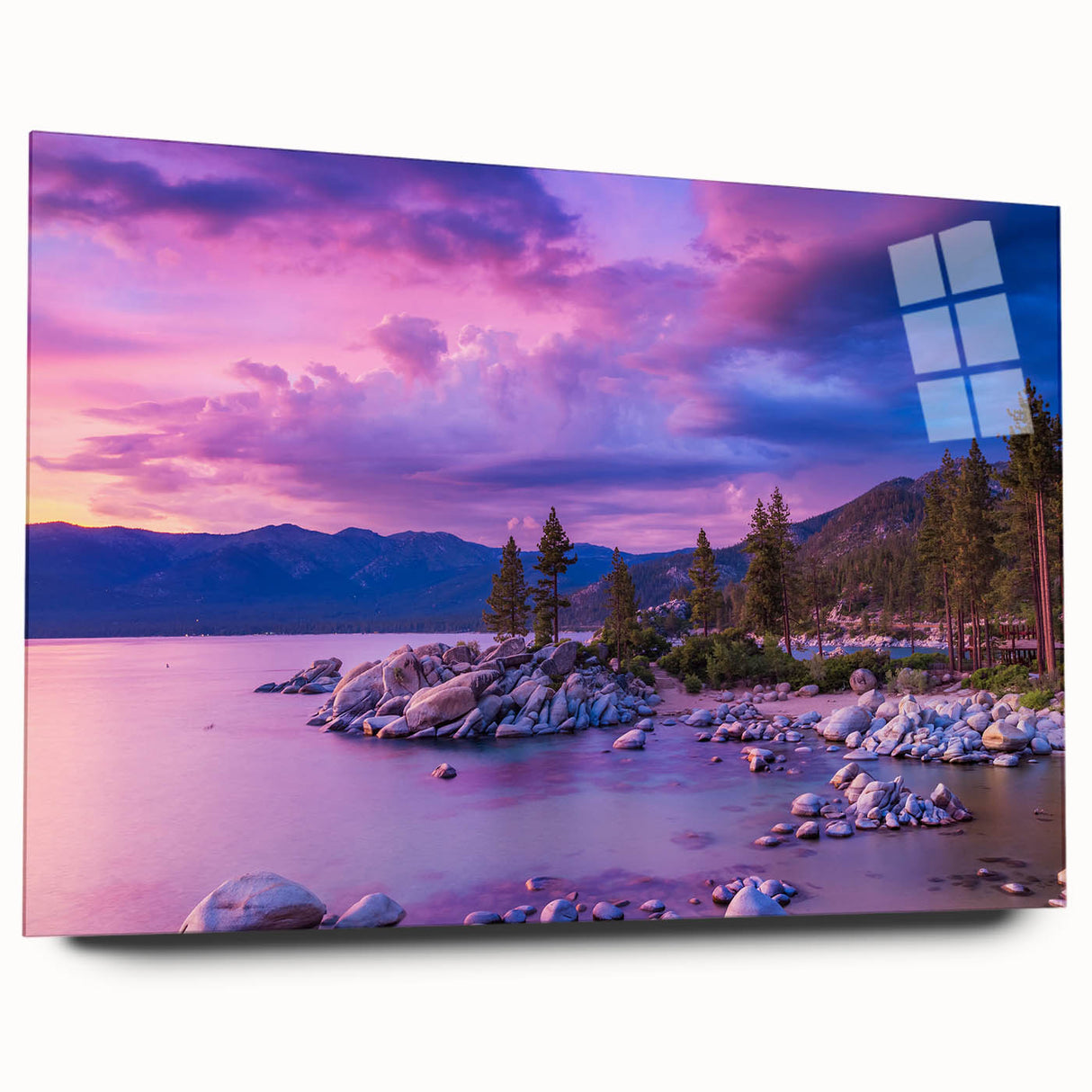 Large abstract depiction of the Sierra Nevada on acrylic glass, using cool blue and gray tones.