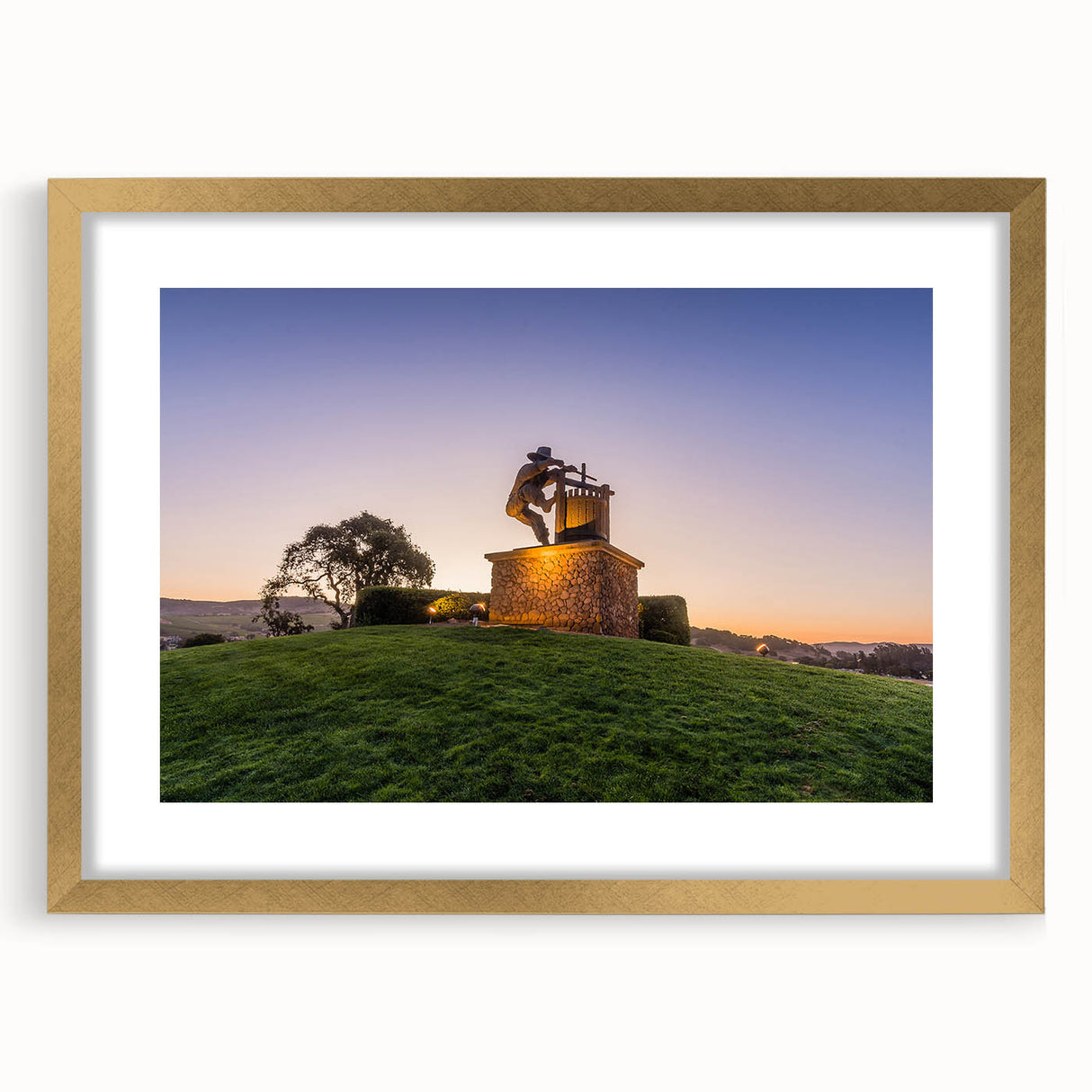 Extra large abstract art print of Sonoma, California landscape in textured style, gold-framed with mat.