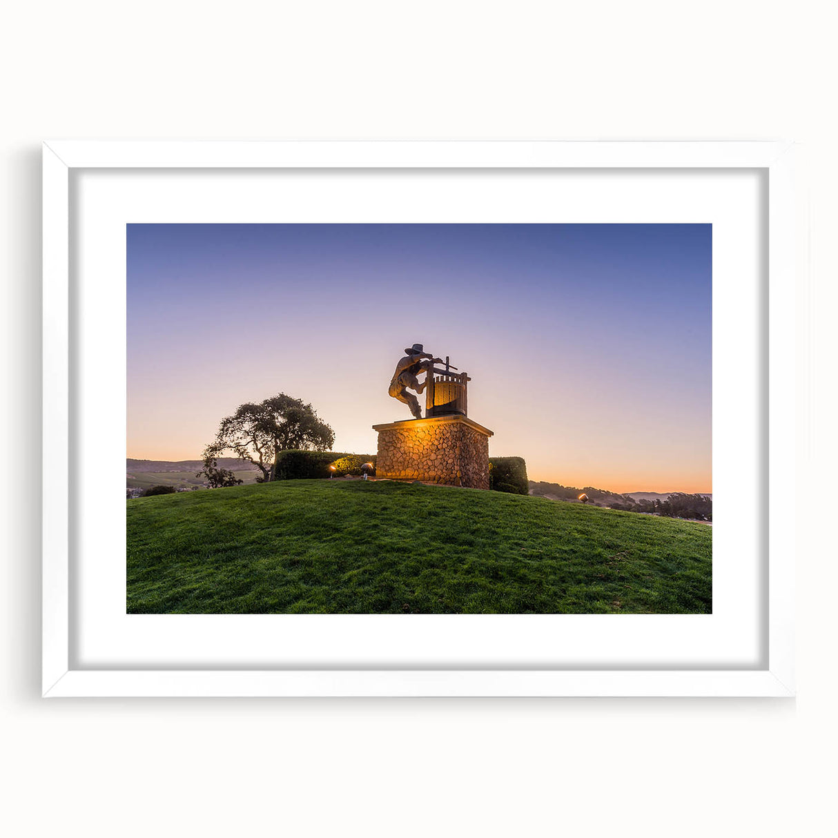 Abstract art print of Sonoma, California landscape in muted earth tones on a white framed mat, ideal for dining room decor.