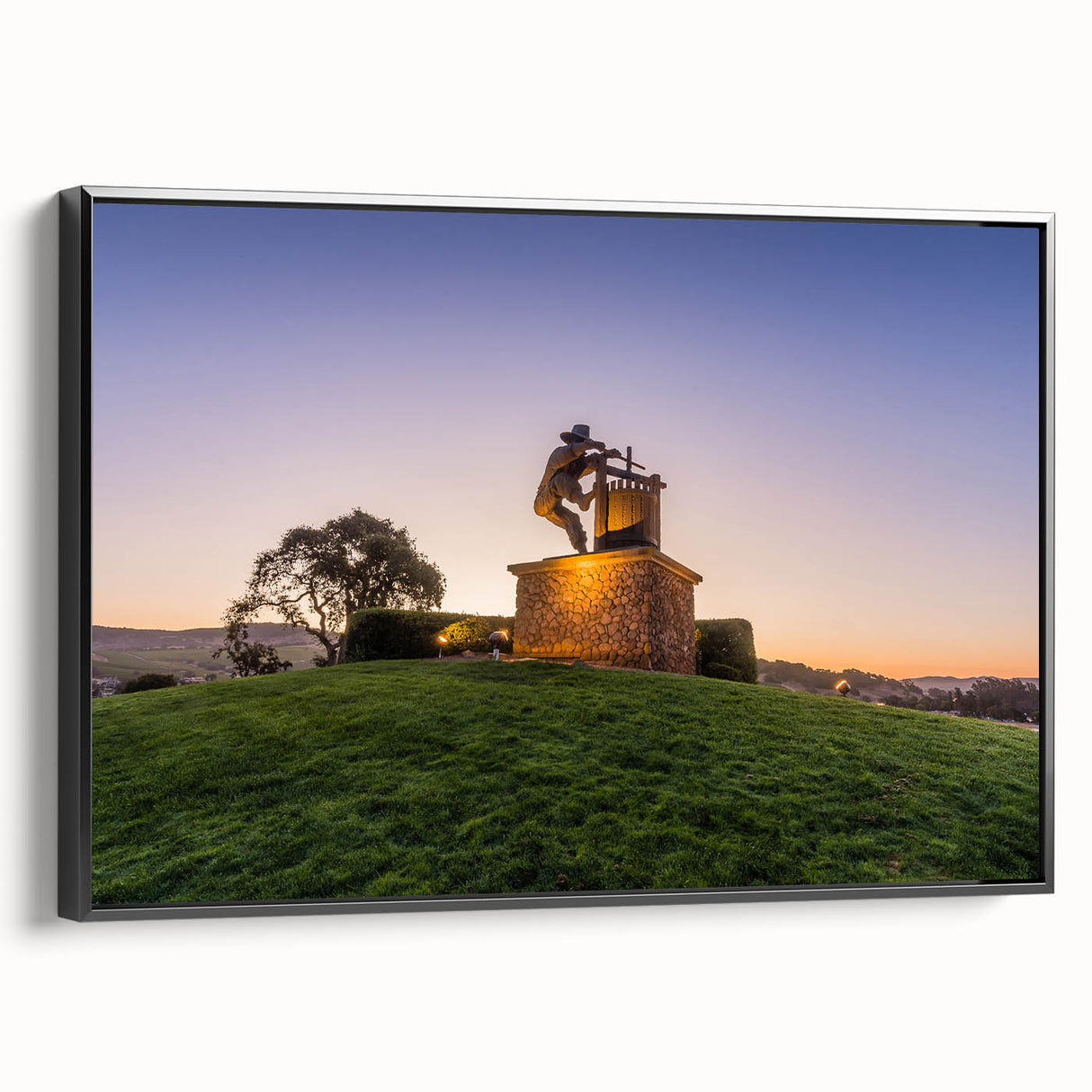 Black and white framed canvas depicting a vintage-style Sonoma landscape, ideal for bedroom wall decor.