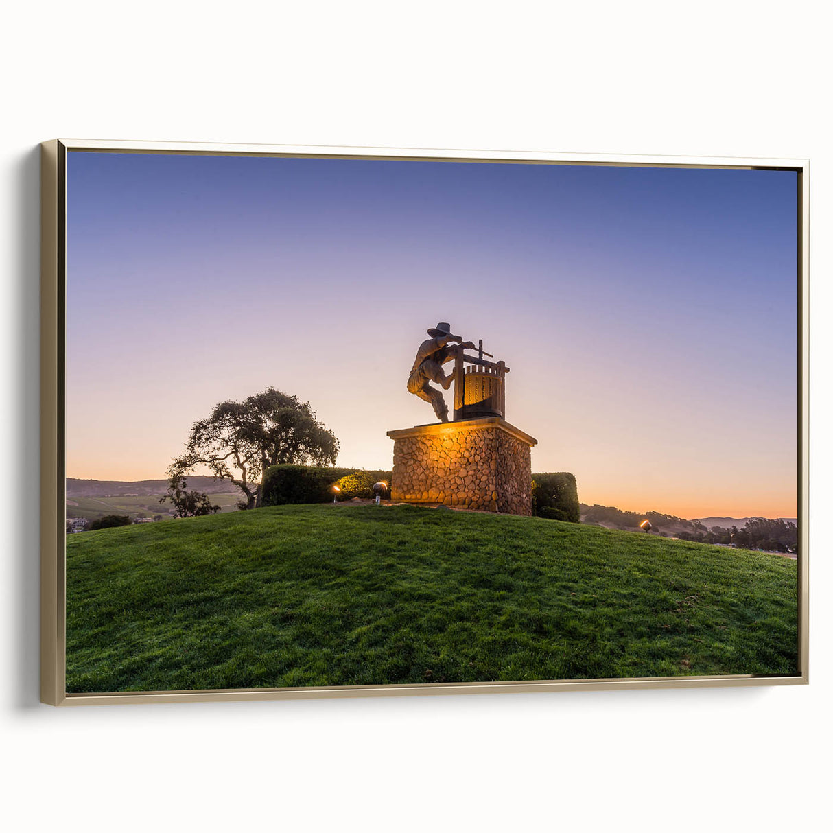 Framed canvas wall art depicting a vintage-style Sonoma landscape in muted gold and black tones, ideal for bedroom decor.