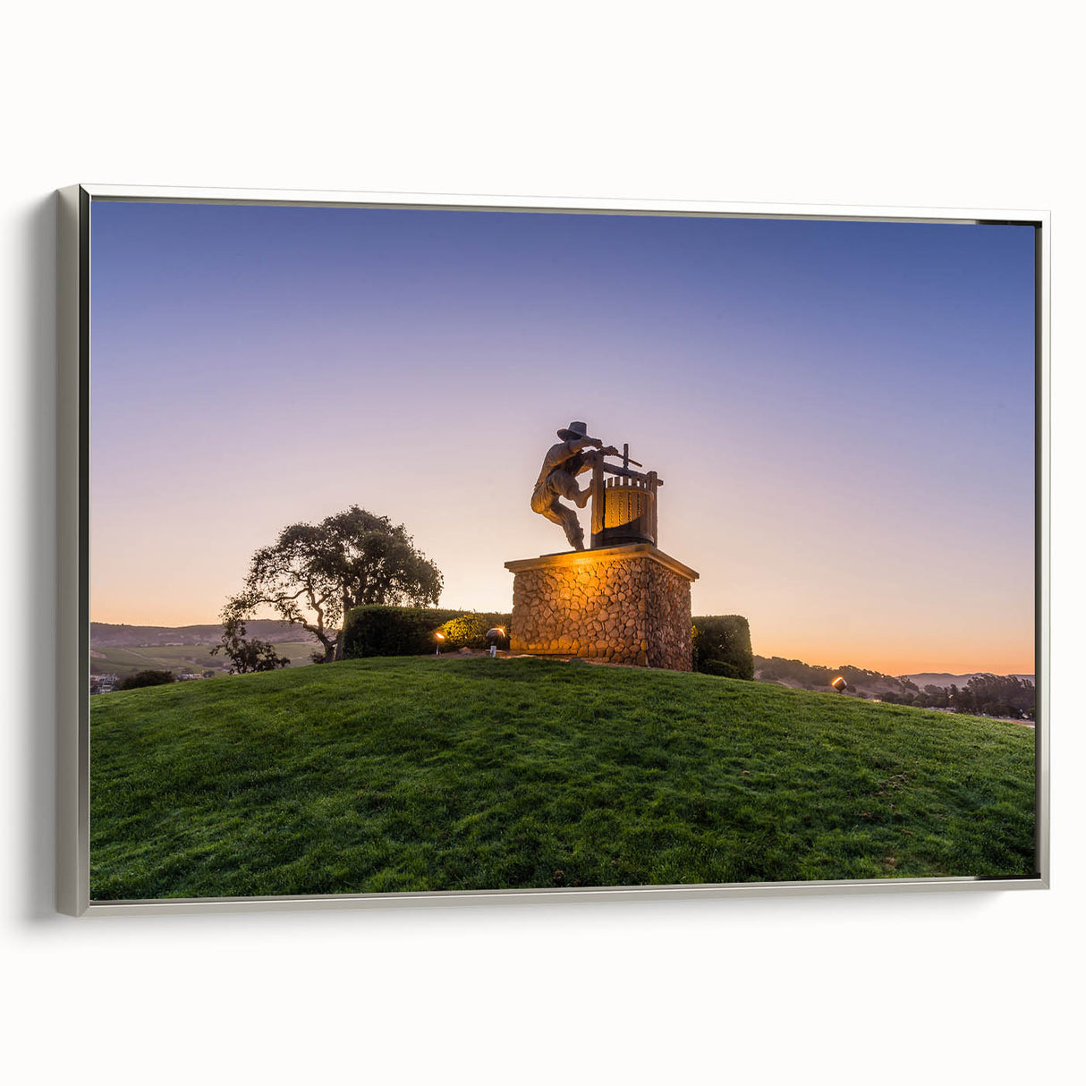 Framed canvas featuring a vintage-style landscape art painting of Sonoma, California, with muted earth tones.