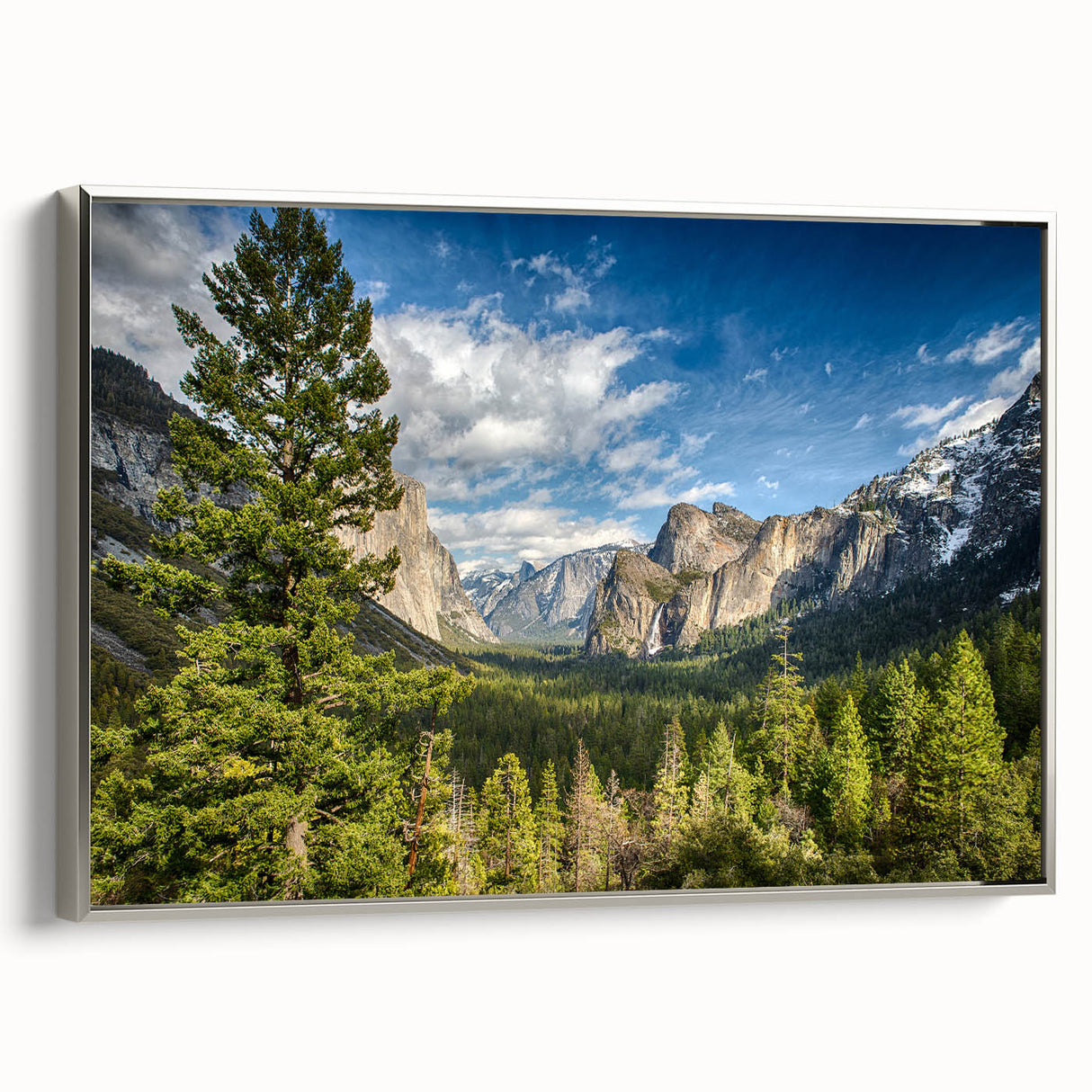 Landscape art painting of Yosemite with muted earth tones on a framed canvas, suitable for living room decor.
