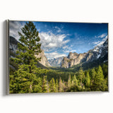 Landscape art painting of Yosemite with muted earth tones on a framed canvas, suitable for living room decor.