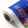 Art Deco poster of Denver skyline on rolled canvas, featuring pastel shades, ideal for nursery wall art.